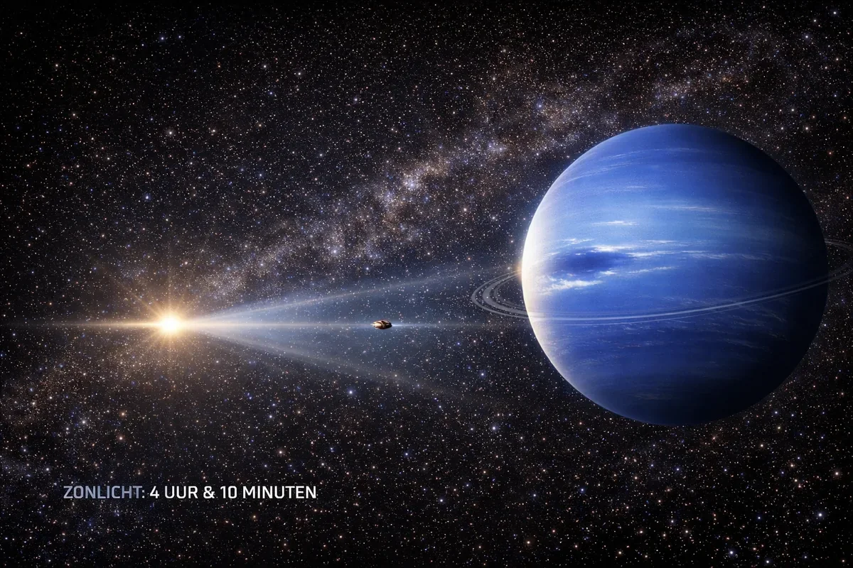 Zonlicht dat van links naar Neptunus reist in een donkere ruimteachtergrond