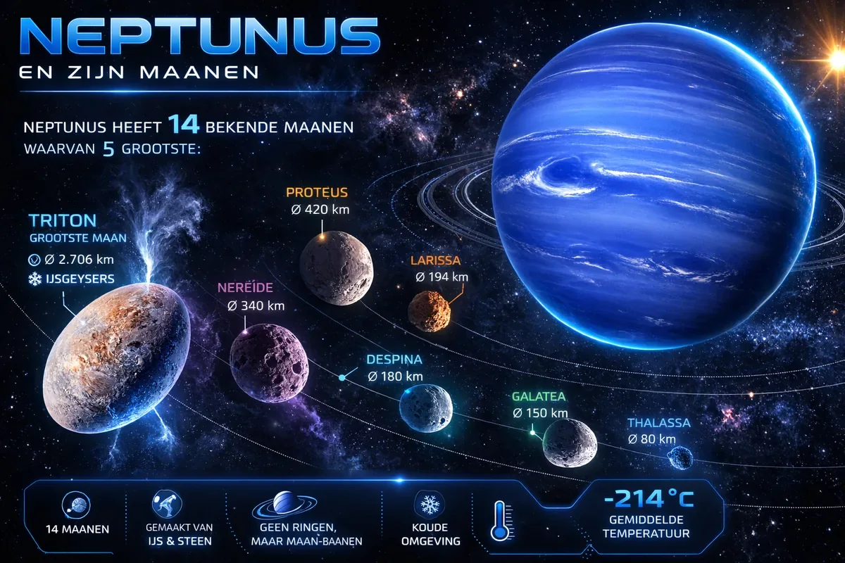 Overzicht van Neptunus met Triton en andere benoemde manen