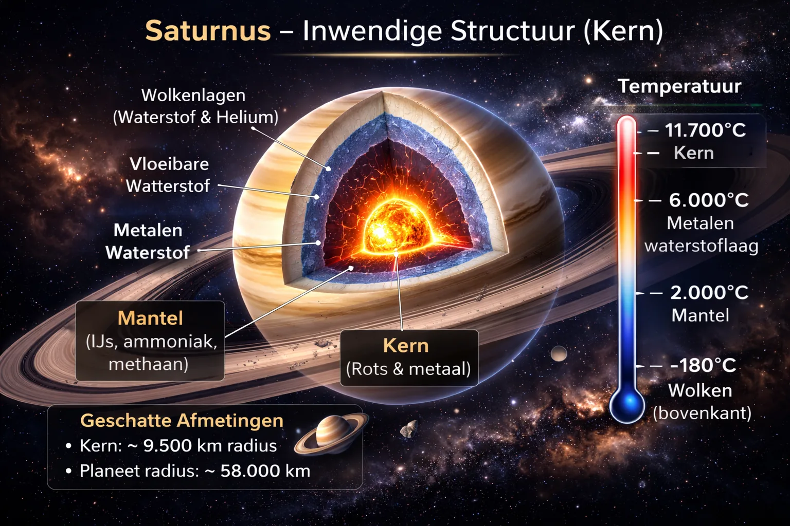 De kern en de lagen op de pagina Saturnus