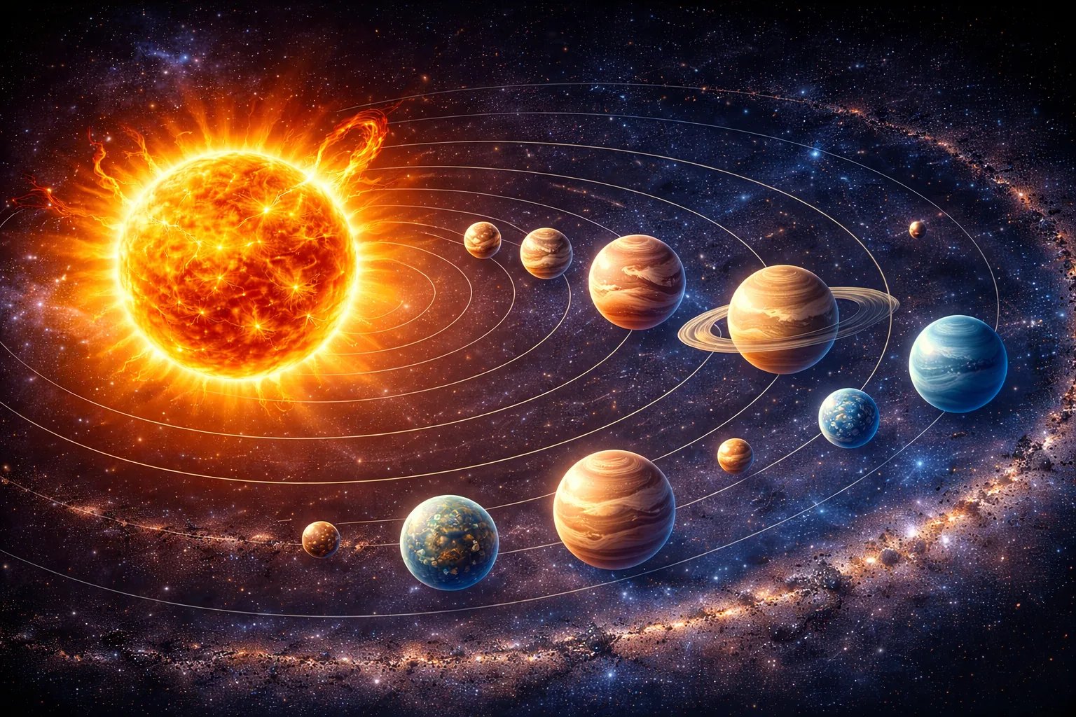 Overzicht van het zonnestelsel met de zon als beginpunt